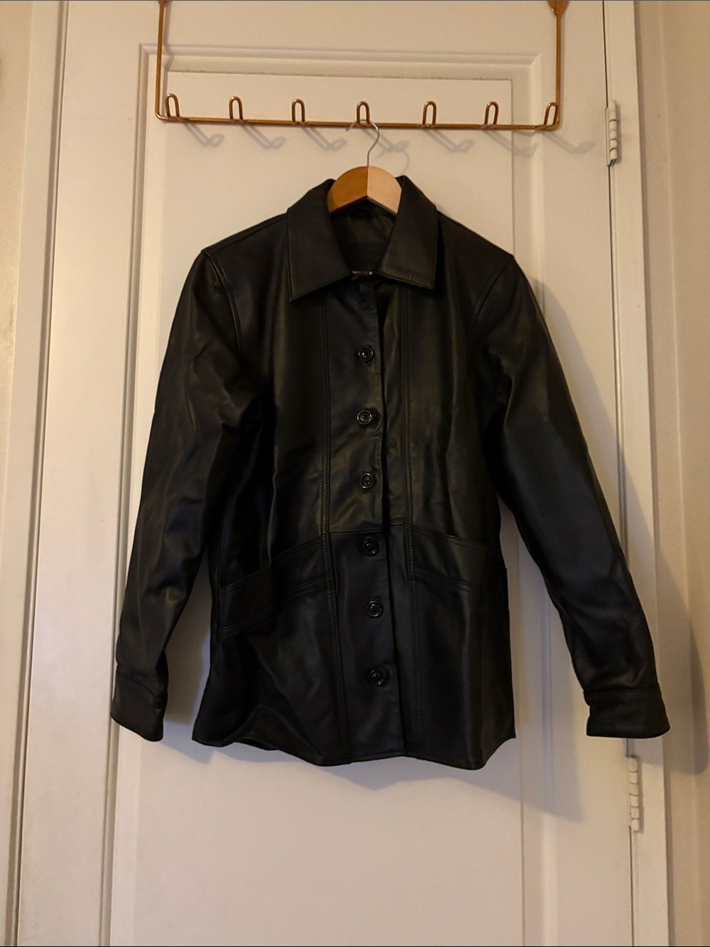 Classic Black Leather Button-Front Jacket - Picture 5 of 9